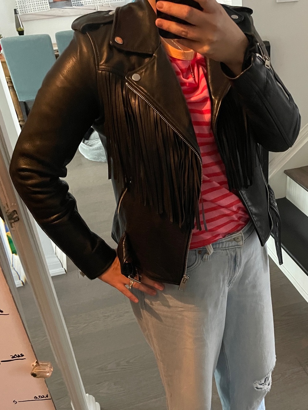 Maje Black Leather Fringe Moto Jacket - Size 40